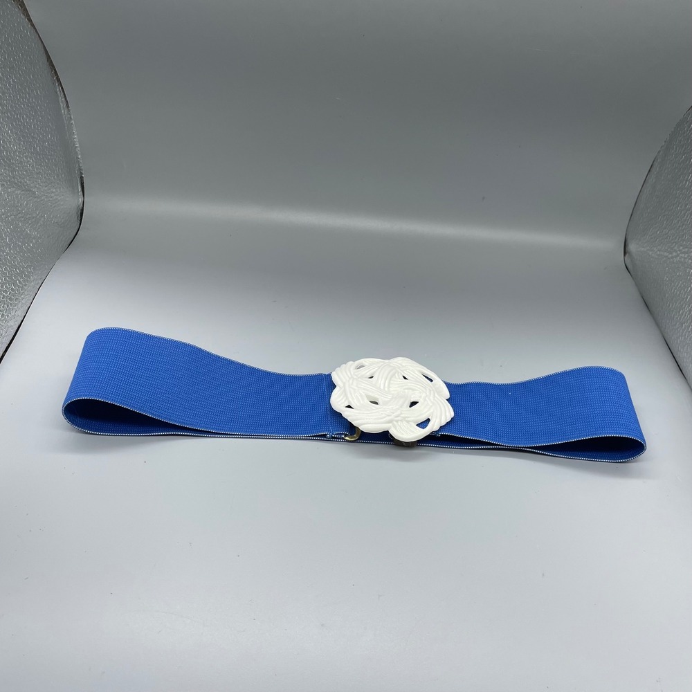 Vintage 80's Royal Blue Elastic Cinch Belt White Knot Buckle Wide Waist Belt